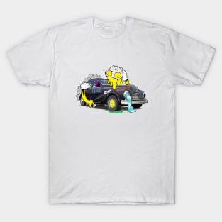 Dope mask cartoon man hugging a vintage car illustration T-Shirt